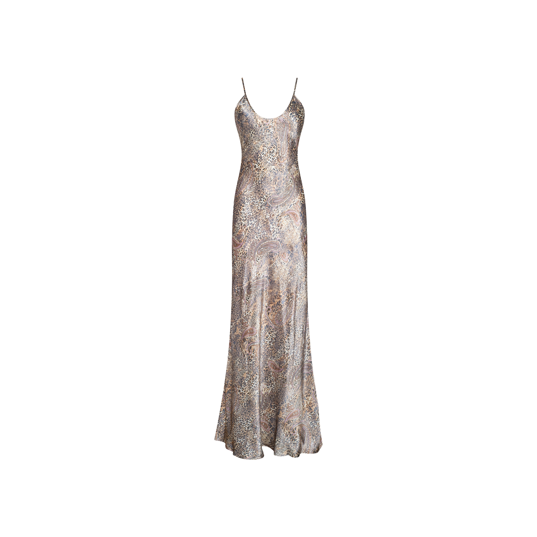 The Charmaine Silk Gown is a sleeveless, full-length slip dress crafted from shiny, swirl-patterned metallic silk. It features adjustable thin spaghetti straps, a fitted bodice that gently flares at the hem, and is cut on the bias for an elegant drape. Displayed on a plain white background.