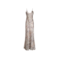 The Charmaine Silk Gown is a sleeveless, full-length slip dress crafted from shiny, swirl-patterned metallic silk. It features adjustable thin spaghetti straps, a fitted bodice that gently flares at the hem, and is cut on the bias for an elegant drape. Displayed on a plain white background.