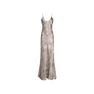 The Charmaine Silk Gown is a sleeveless, floor-length slip dress made from bias-cut silk, featuring slender adjustable spaghetti straps and a swirling paisley print in neutral tones, shown against a plain white background.