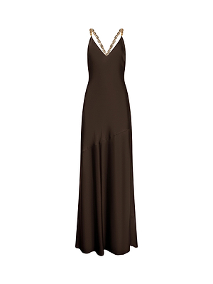 The L'AGENCE Saint Crystal Strap Gown is a sleeveless, floor-length dark brown satin dress with a V-neckline, gold chain straps, and an elegant open back, shown on a white background.