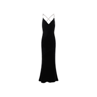 Saint Velvet Gown: Sleeveless black velvet dress featuring a fitted silhouette, flared hem, and crystal cross-back spaghetti straps, shown on a plain white background.