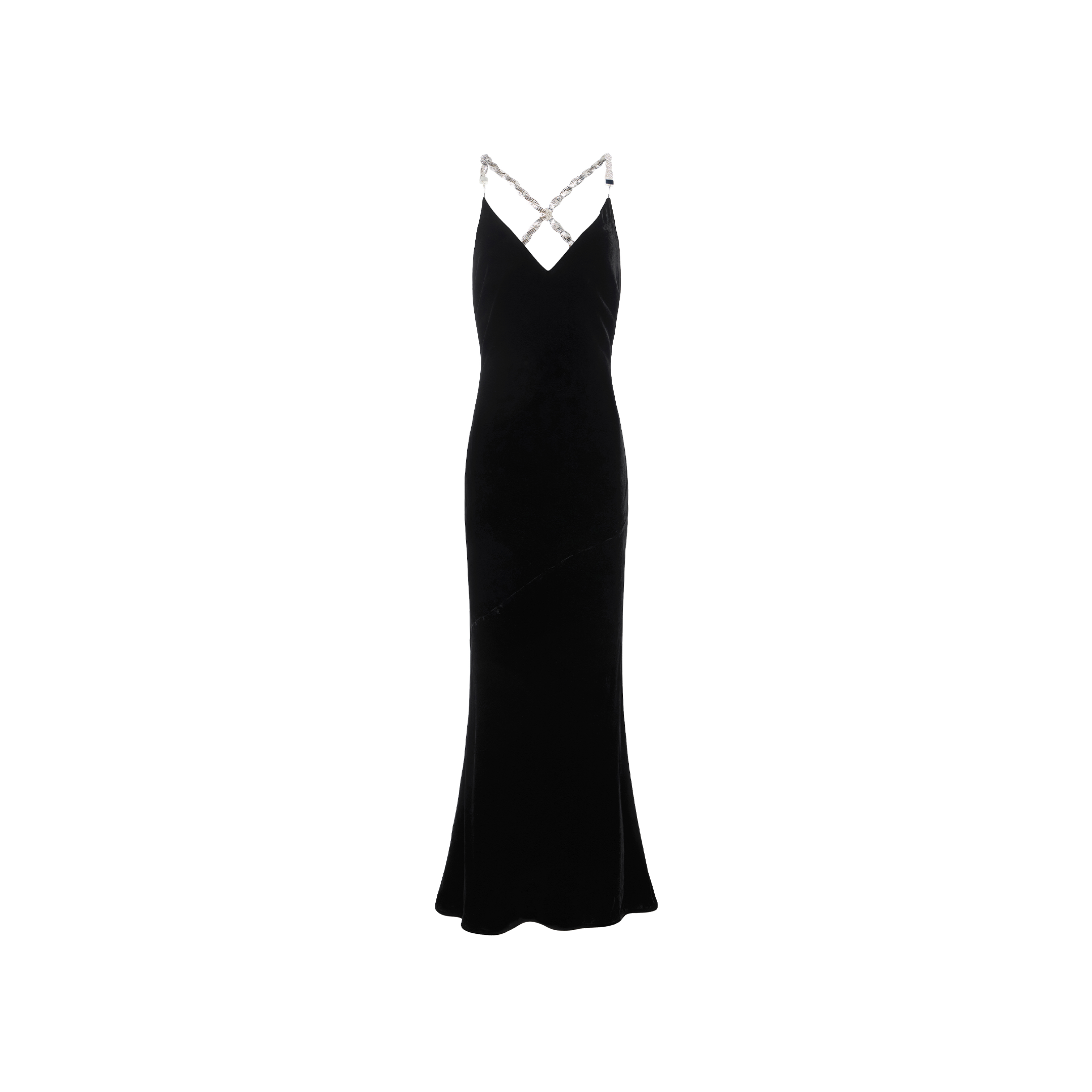 Saint Velvet Gown: Sleeveless black velvet dress featuring a fitted silhouette, flared hem, and crystal cross-back spaghetti straps, shown on a plain white background.