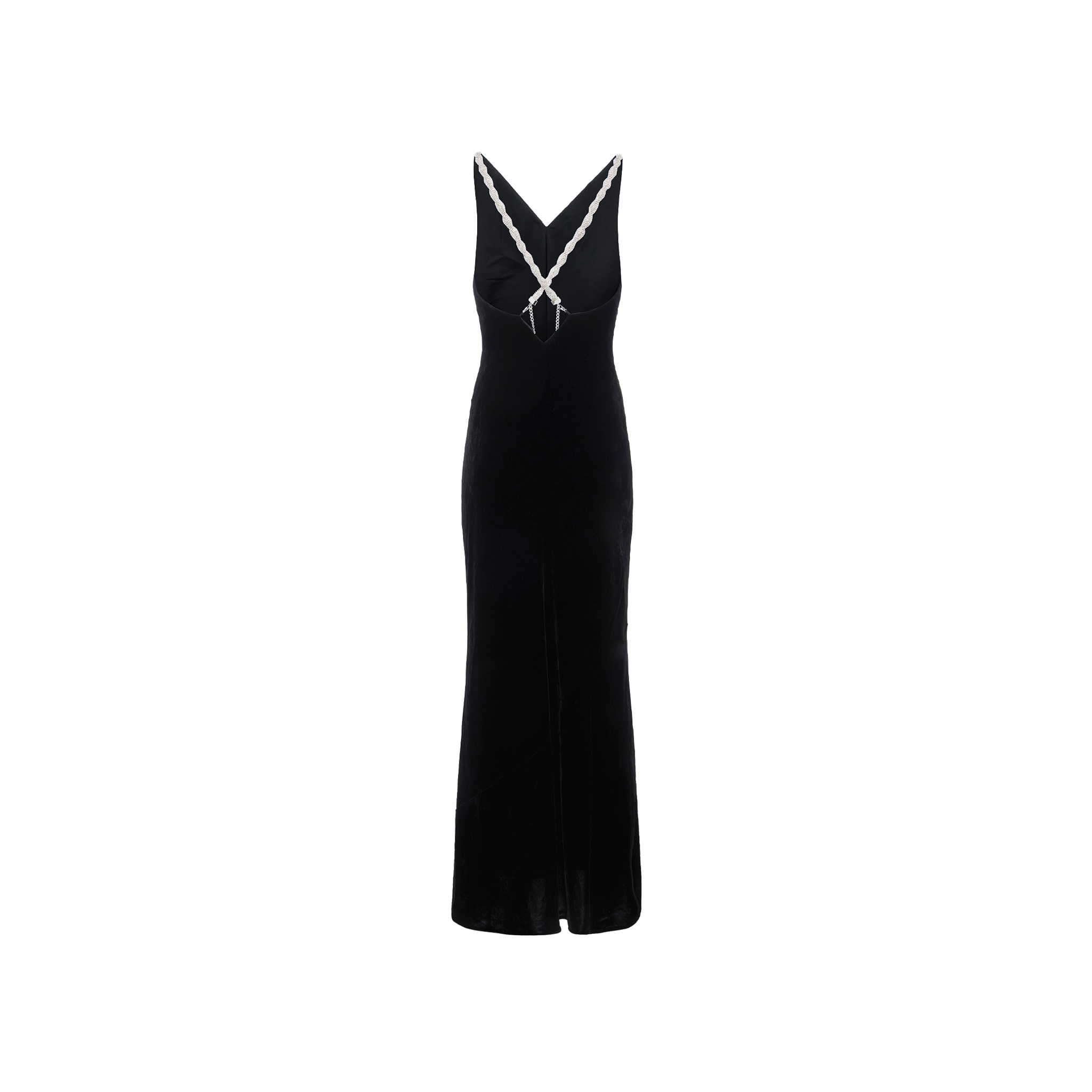 The Saint Velvet Gown is a sleeveless black velvet dress with a V-neckline, white trim, and a small white bow at the center. Its fitted silhouette flares gently at the hem for an elegant look.