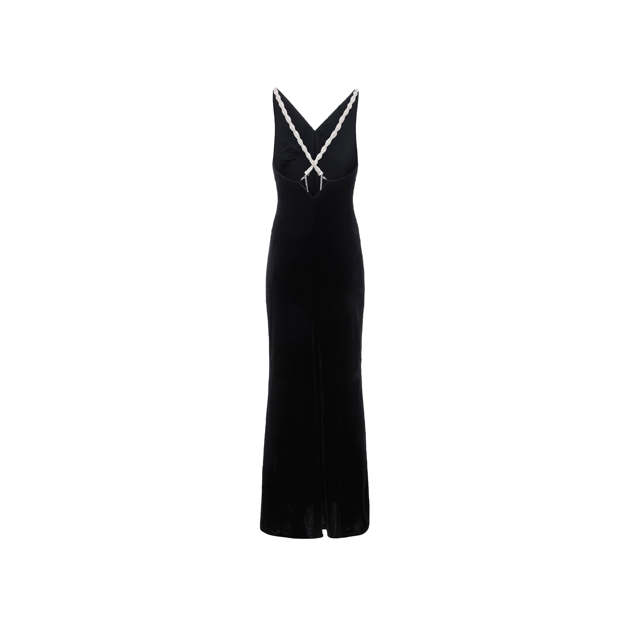 The Saint Velvet Gown is a sleeveless black velvet dress with a V-neckline, white trim, and a small white bow at the center. Its fitted silhouette flares gently at the hem for an elegant look.