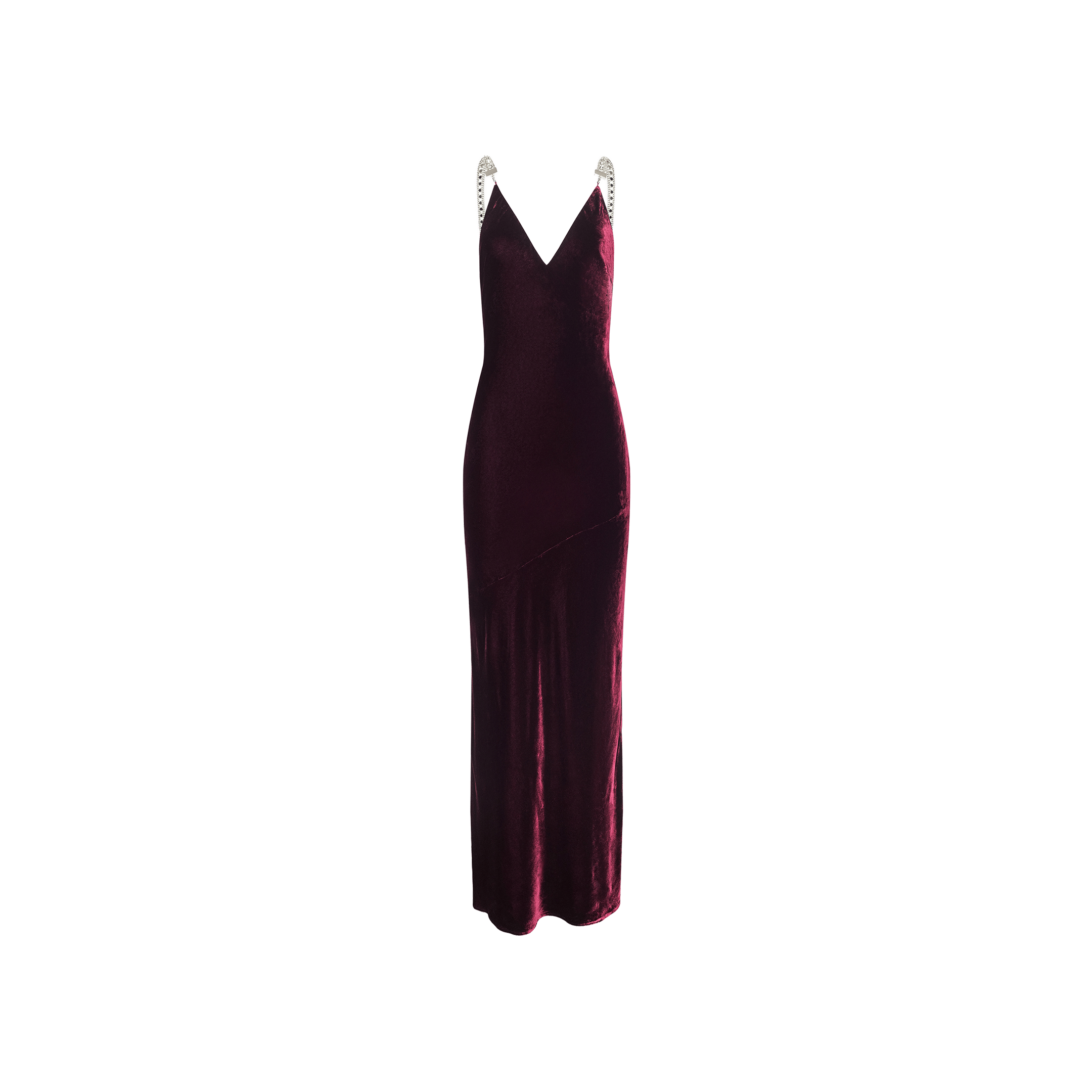 The Saint Velvet Gown is a sleeveless dress in deep burgundy velvet, featuring a V-neckline and sparkling rhinestone straps, showcased against a plain white background.