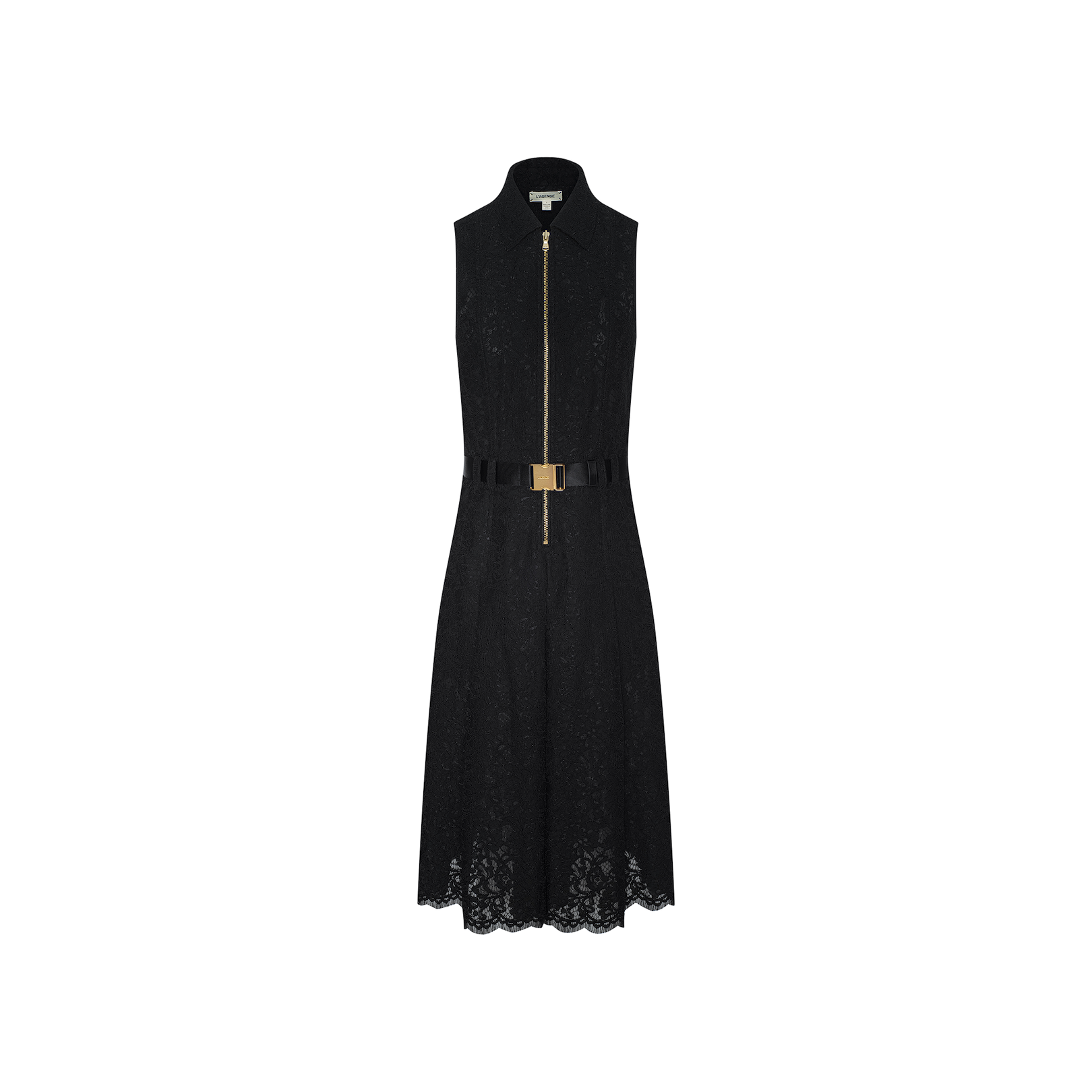 The Kylo Lace Shirt Dress is a sleeveless black floral lace design featuring a gold front zipper, a gold-buckled black belt, and a knee-length hem—perfect for going from desk to drinks. Shown here on a plain white background.