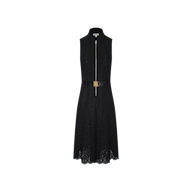 The Kylo Lace Shirt Dress is a sleeveless black floral lace dress featuring a knee-length hem, gold front zipper, and a matching belt with a gold buckle—crafted as the perfect desk-to-drinks outfit and displayed on a plain white background.
