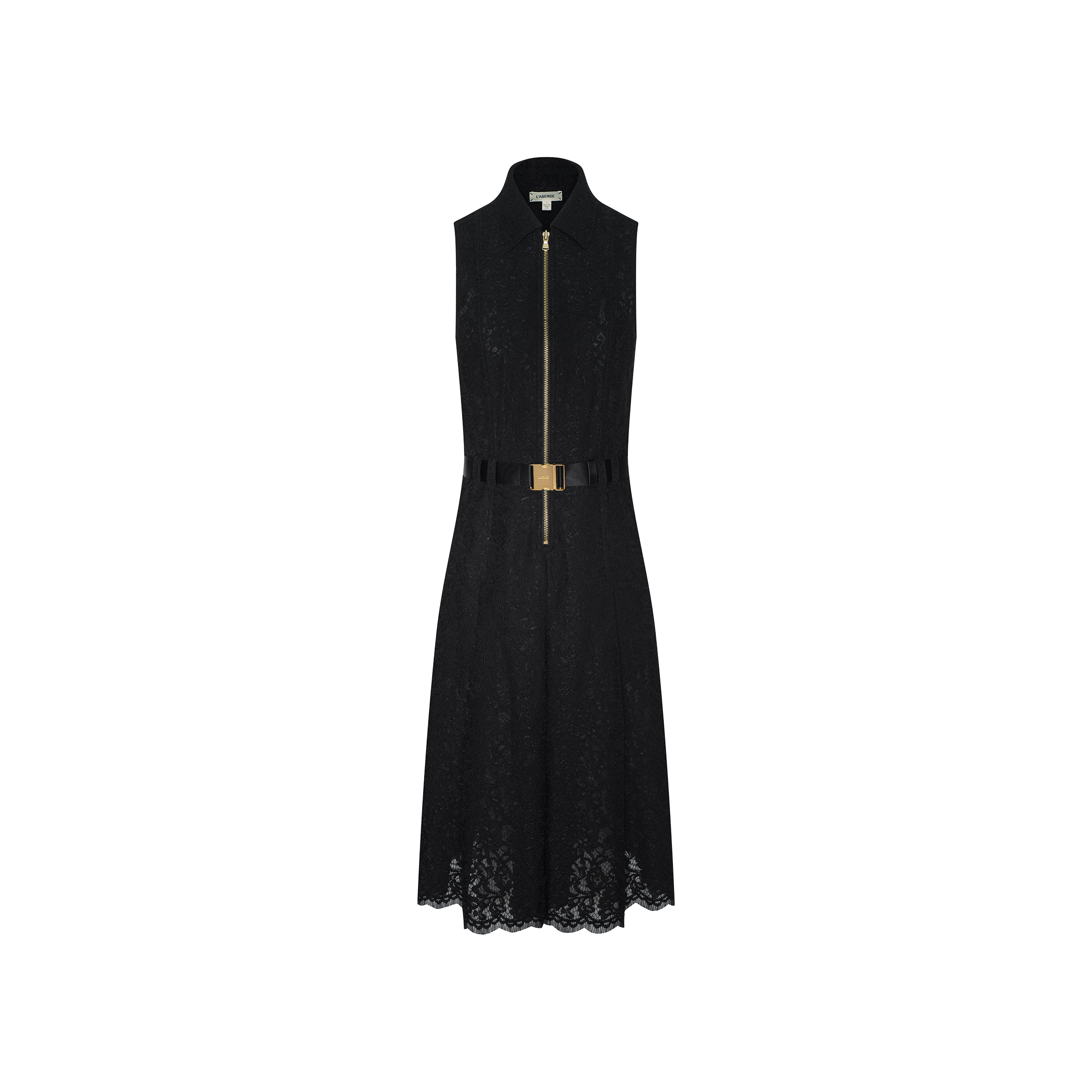 The Kylo Lace Shirt Dress is a sleeveless black floral lace dress featuring a knee-length hem, gold front zipper, and a matching belt with a gold buckle—crafted as the perfect desk-to-drinks outfit and displayed on a plain white background.
