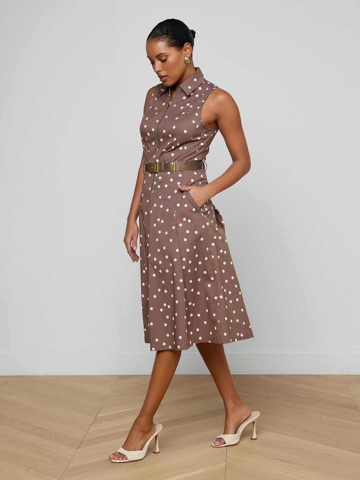Kylo Shirt Dress in Cardamom/Ecru Polka Dot | L'AGENCE