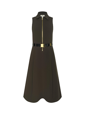 The Kylo Shirt Dress by L'AGENCE is a sleeveless dark brown A-line dress with a collared neckline, front gold zipper, pockets, and a shiny black belt. Made from structured suit fabric and shown against a plain white background.