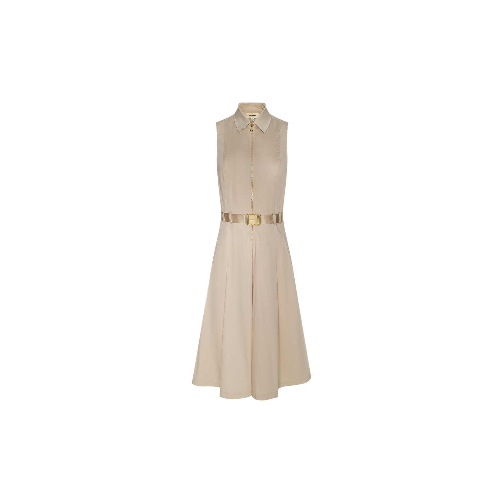The Kylo Poplin Shirt Dress is a sleeveless beige shirt dress featuring a collared neckline and a gold metallic belt at the waist, crafted from soft organic cotton. Displayed on a plain white background, this versatile desk-to-drinks piece perfectly blends comfort with style.