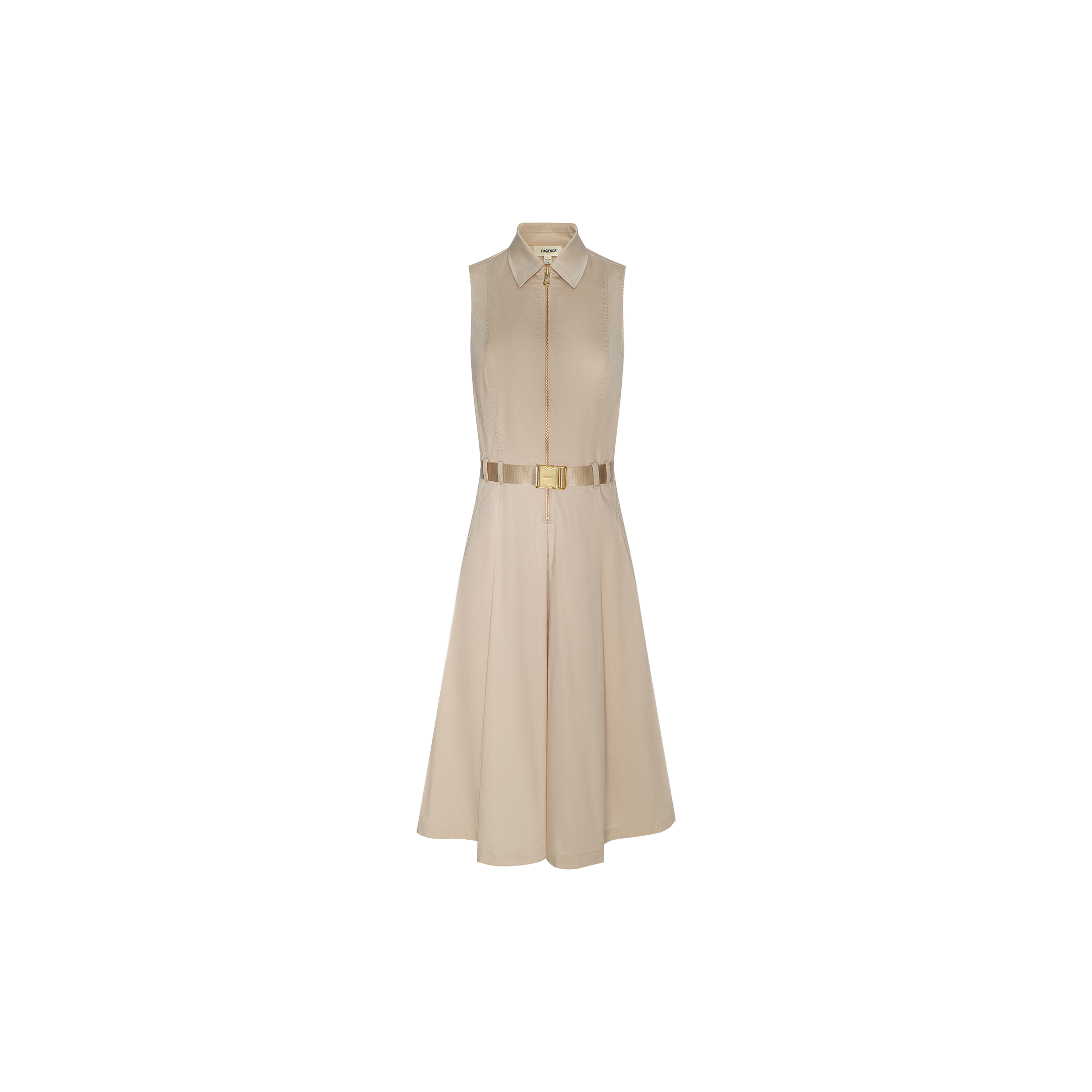 The Kylo Poplin Shirt Dress is a sleeveless beige dress featuring a collared neckline, button-down front, and flared skirt. It comes with a matching beige belt accented by a gold rectangular buckle at the waist. The dress is displayed on a plain white background.