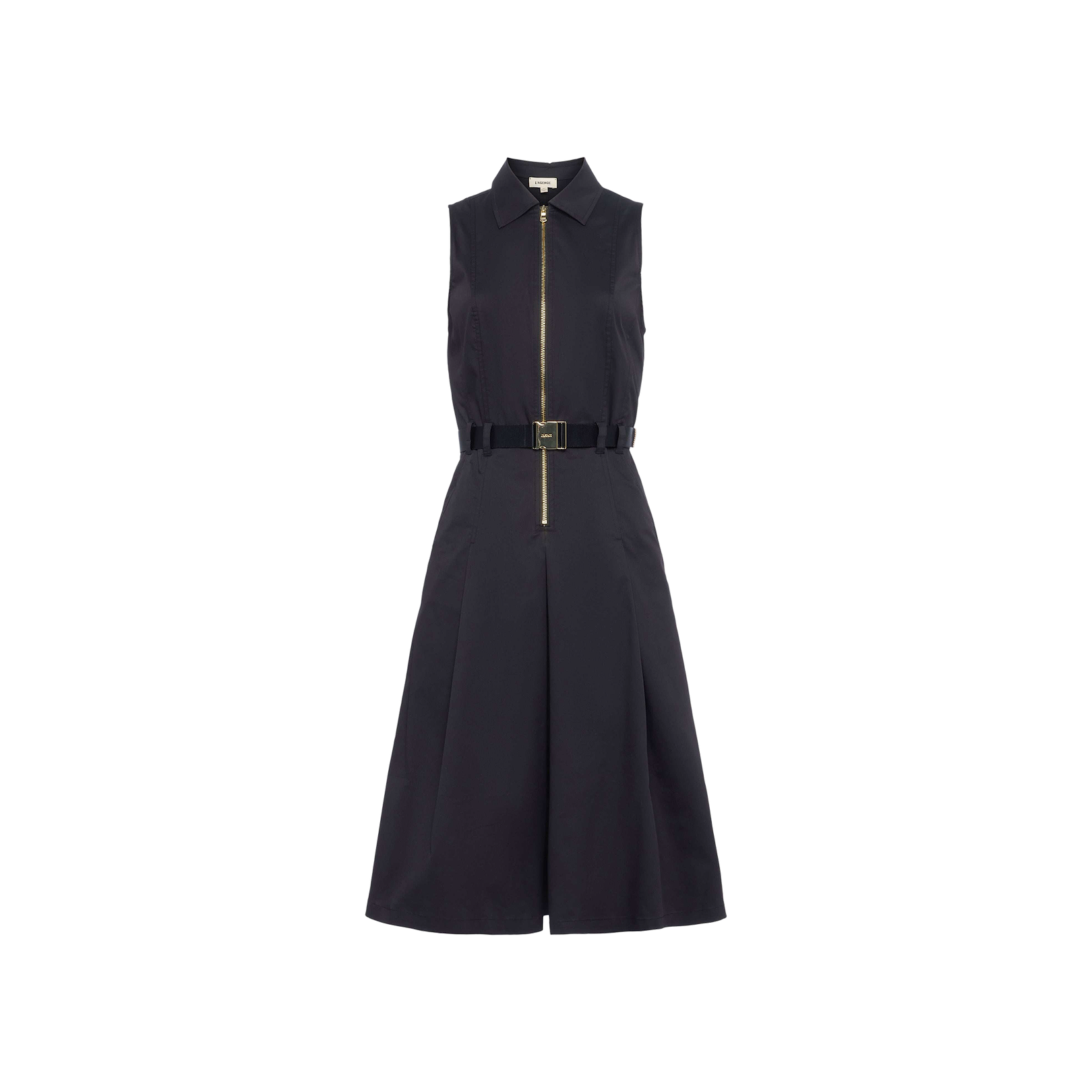 The Kylo Poplin Shirt Dress is a sleeveless black cotton dress featuring a collared neckline, front zipper, belted waist, and an A-line skirt. This waist belt dress is shown against a plain white background.