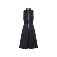 The Kylo Poplin Shirt Dress is a sleeveless black cotton poplin dress featuring a collared neckline, front zipper closure, and a belted waist. Its knee-length skirt is styled with a front pleat, making it an ideal desk-to-drinks look. Shown here on a plain white background.