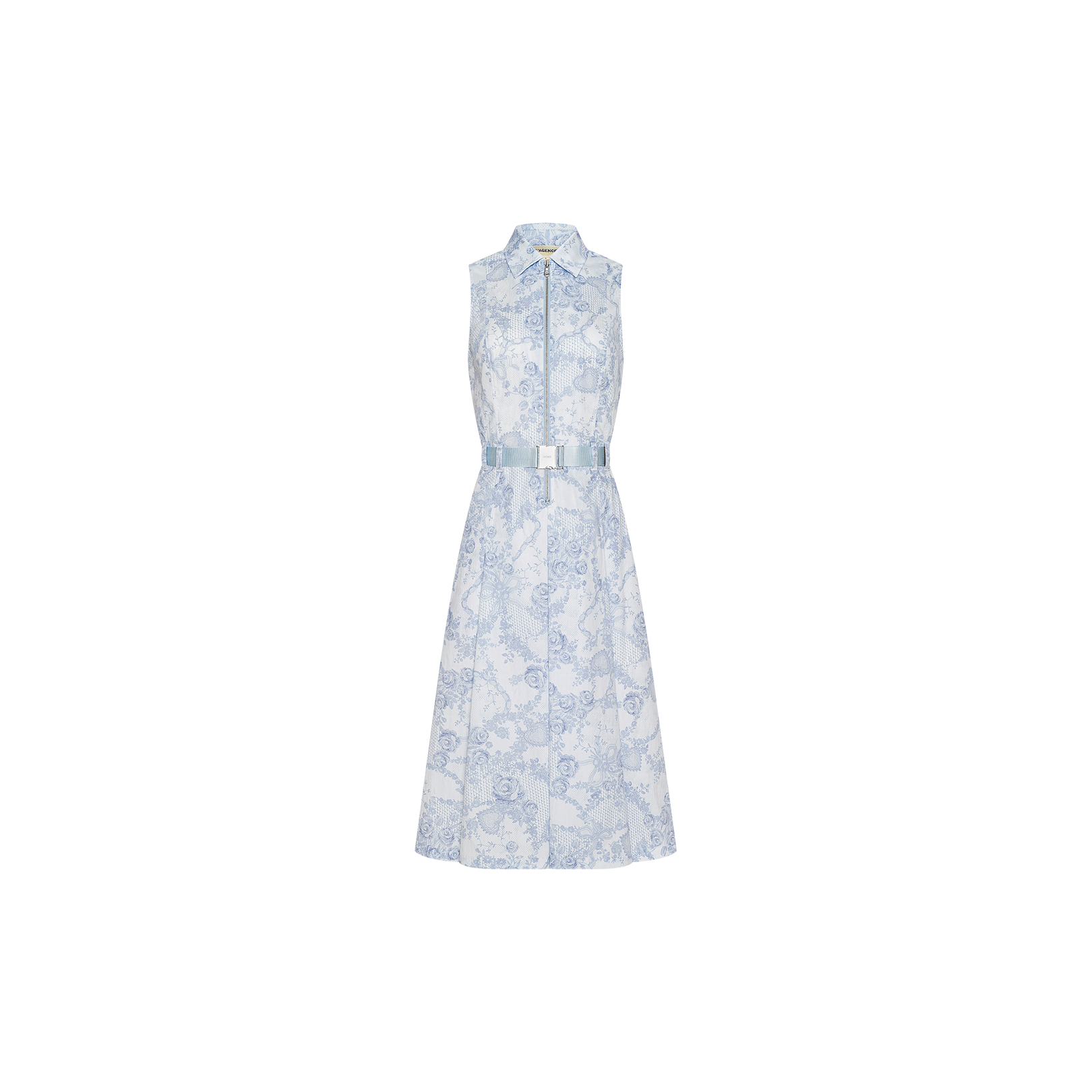 Kylo Shirt Dress: A sleeveless, collared button-down shirt dress showcasing a blue and white floral pattern inspired by a blue lace print, finished with a coordinating waist belt—ideal for seamless desk-to-drinks style. Shown on a plain white background.