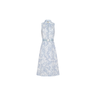 Kylo Shirt Dress: A sleeveless, collared button-down shirt dress showcasing a blue and white floral pattern inspired by a blue lace print, finished with a coordinating waist belt—ideal for seamless desk-to-drinks style. Shown on a plain white background.