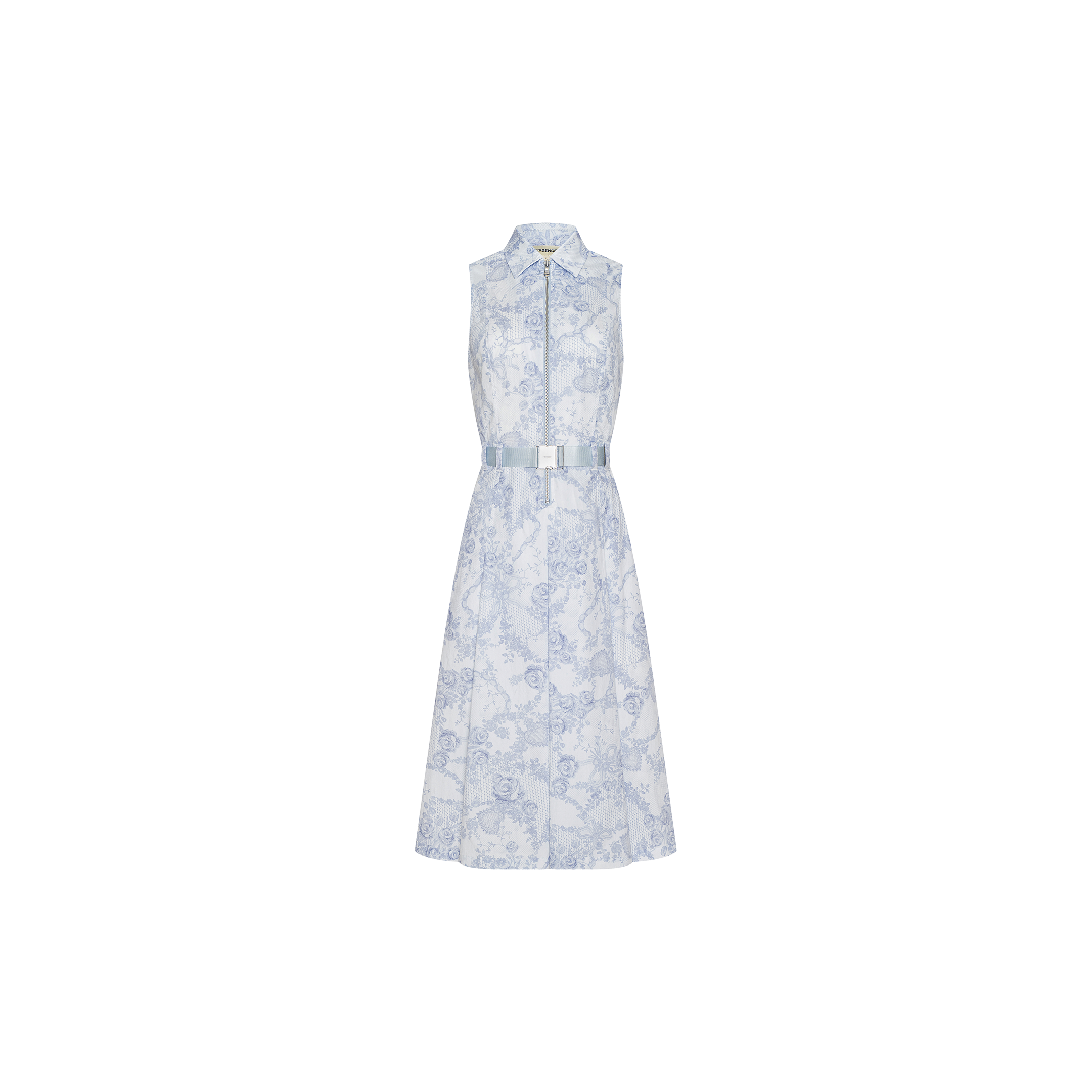 Kylo Shirt Dress: A sleeveless, collared button-down shirt dress showcasing a blue and white floral pattern inspired by a blue lace print, finished with a coordinating waist belt—ideal for seamless desk-to-drinks style. Shown on a plain white background.