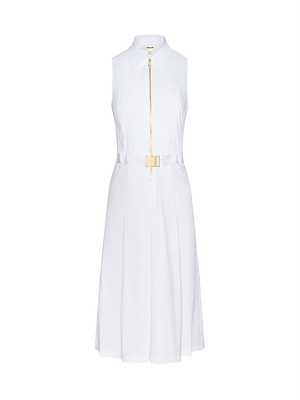 The Kylo Poplin Shirt Dress is a sleeveless white poplin dress with textured fabric, a front zipper, collared neckline, and matching belt with gold buckle—perfect for an effortless desk-to-drinks look on a plain white background.