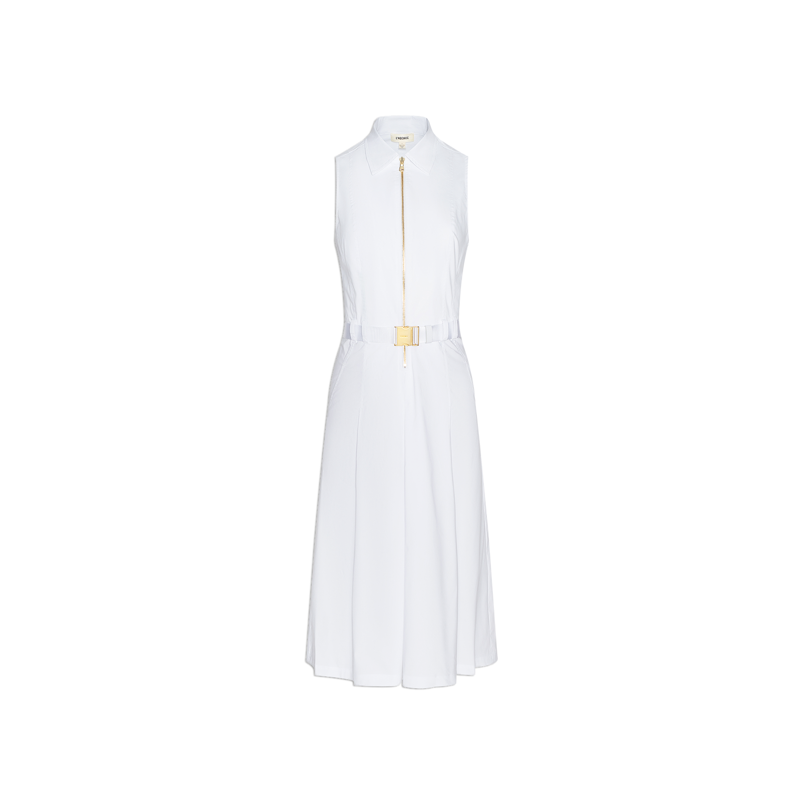 The Kylo Poplin Shirt Dress is a sleeveless white organic cotton dress featuring a collared neckline, front zipper closure, matching belt at the waist, and convenient pockets for added functionality and style. It is displayed against a plain white background.