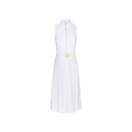 Kylo Poplin Shirt Dress—an elegant sleeveless white midi dress featuring a collared neckline, front gold zipper, flared skirt, and a matching belt with a gold buckle, shown on a plain white background.