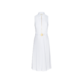 The Kylo Poplin Shirt Dress is a sleeveless white organic cotton dress featuring a collared neckline, front zipper closure, matching belt at the waist, and convenient pockets for added functionality and style. It is displayed against a plain white background.