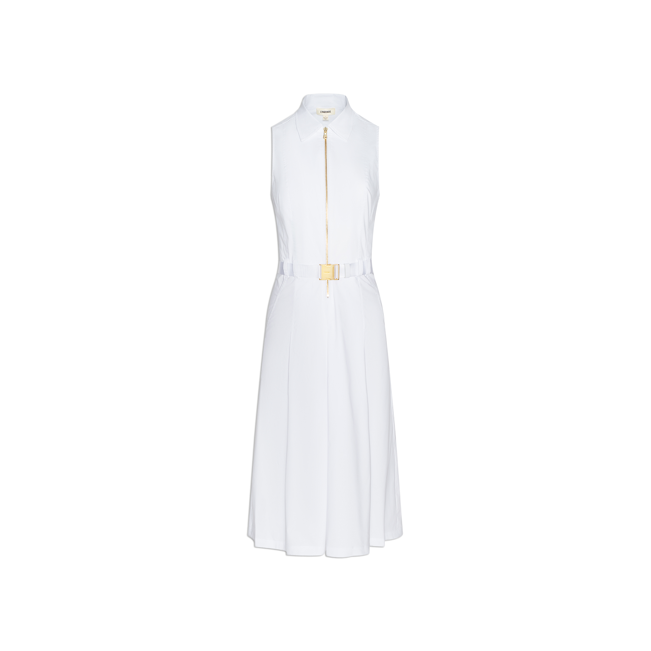 Kylo Poplin Shirt Dress—an elegant sleeveless white midi dress featuring a collared neckline, front gold zipper, flared skirt, and a matching belt with a gold buckle, shown on a plain white background.