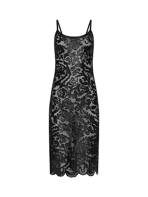 The Kazuko Vegan Leather Dress is a black, sleeveless midi dress with thin shoulder straps and a laser-cut floral lace pattern, shown on a plain white background.