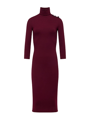 The Voletta Turtleneck Midi Dress by L'AGENCE features a fitted maroon silhouette, knee-length cut, three-quarter sleeves, turtleneck, and three black buttons on one shoulder for a chic minimalist look.