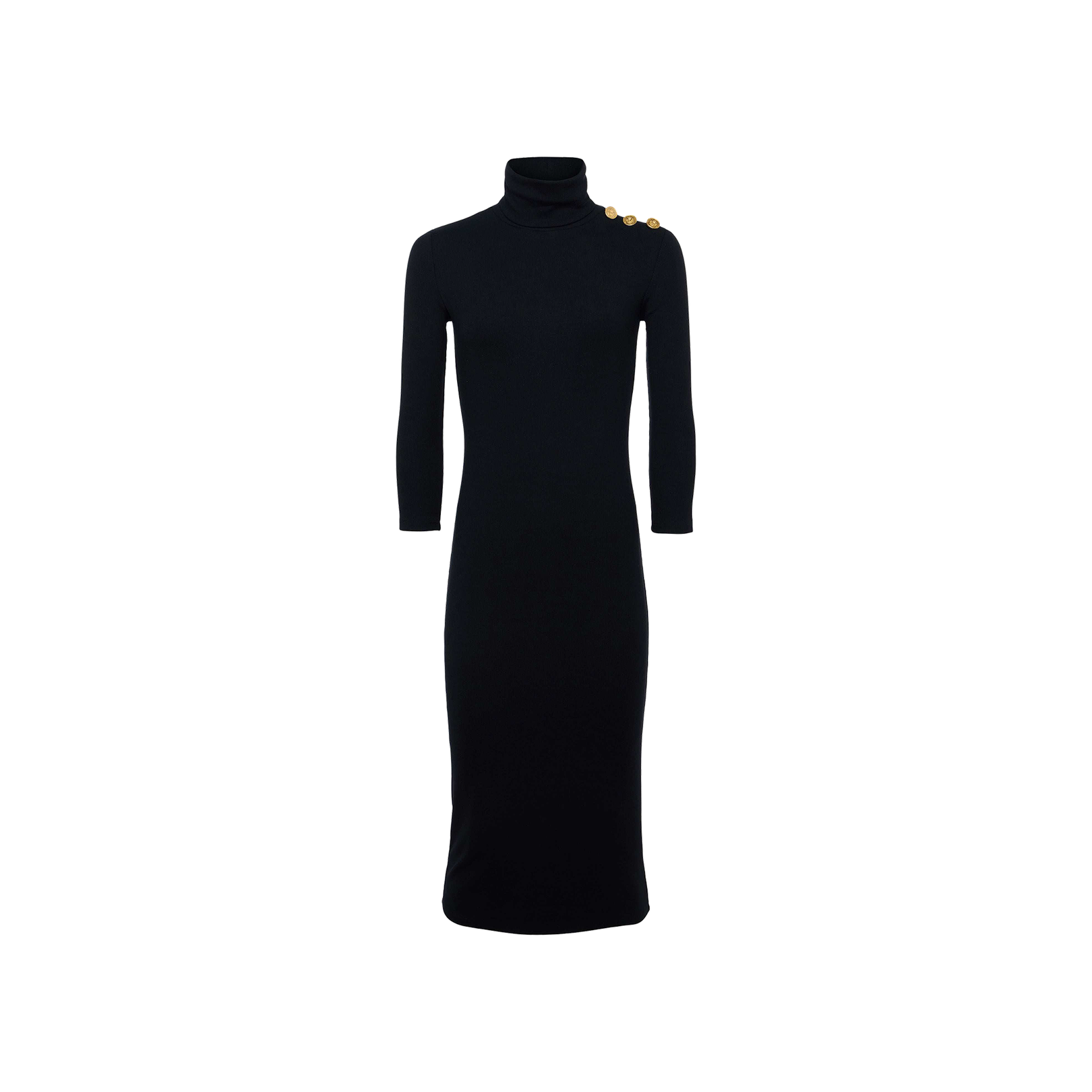 The Voletta Turtleneck Knit Dress is a black, long-sleeve knee-length turtleneck crafted from soft microfiber modal jersey, featuring three gold buttons on the left shoulder and displayed against a plain white background—an essential piece for fall to winter.