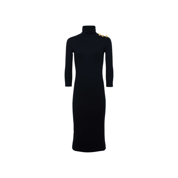 The Voletta Turtleneck Knit Dress is a black, long-sleeve knee-length turtleneck crafted from soft microfiber modal jersey, featuring three gold buttons on the left shoulder and displayed against a plain white background—an essential piece for fall to winter.