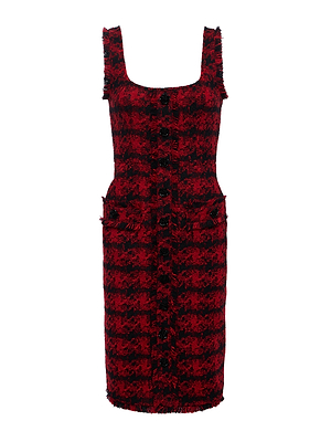 The L'AGENCE Aya Tweed Midi Dress is a sleeveless, knee-length piece in red and black plaid with a square neckline, front buttons, two pockets, and frayed edges—ideal for Fall 25 NYFW.