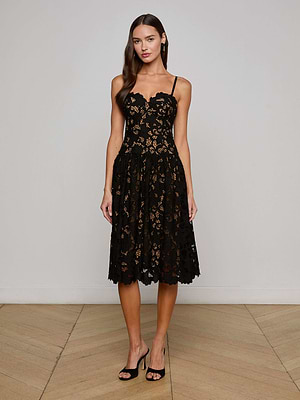 L'AGENCE Flyn Lace Midi Dress In Black L'AGENCE Flyn Lace Midi Dress In Black
