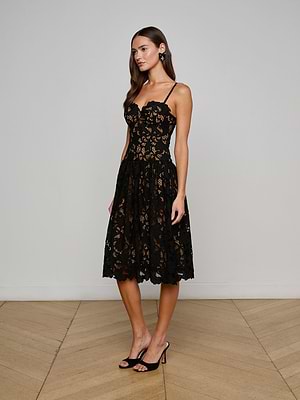 Flyn Lace Midi Dress in Black | L'AGENCE Flyn Lace Midi Dress in Black | L'AGENCE