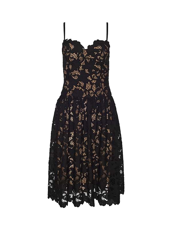 The Flyn Lace Midi Dress by L'AGENCE Sale features a sleeveless black fit-and-flare silhouette with thin straps, sweetheart neckline, flared knee-length skirt, and nude lining beneath a floral eyelet lace overlay.
