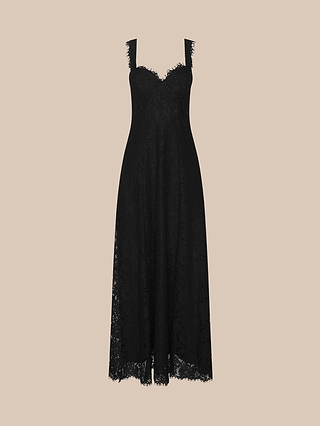 The Sutton Lace Maxi Dress is a sleeveless black lace gown with wide straps and a fitted bodice, featuring underwire cups, a sweetheart neckline, and an elegant ankle-length skirt—beautifully displayed on a neutral background.