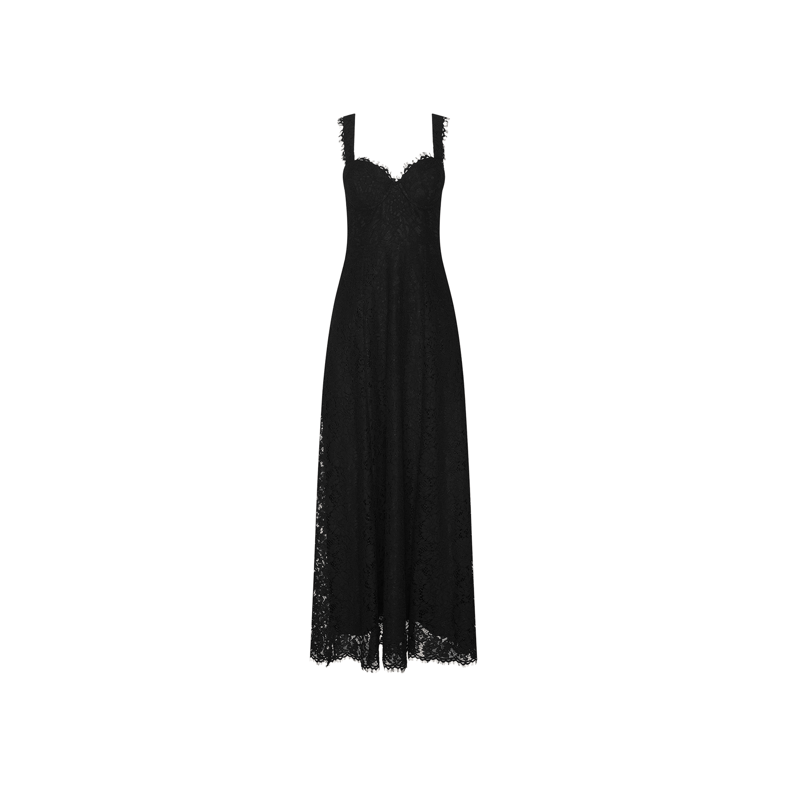 The Sutton Lace Maxi Dress is a sleeveless black lace maxi dress with a scalloped neckline and a fitted bodice that flares into a long, flowing skirt. This elegant floral lace design includes built-in cups for added comfort and support. The dress is shown against a plain white background.