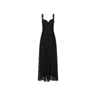 The Sutton Lace Maxi Dress is a sleeveless black lace maxi dress with a supportive fit, showcasing a fitted bodice, scalloped sweetheart neckline, and a long flowing skirt, displayed on a plain white background.