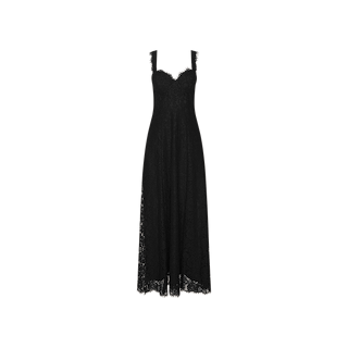 The Sutton Lace Maxi Dress is a sleeveless black lace maxi dress with a scalloped neckline and a fitted bodice that flares into a long, flowing skirt. This elegant floral lace design includes built-in cups for added comfort and support. The dress is shown against a plain white background.