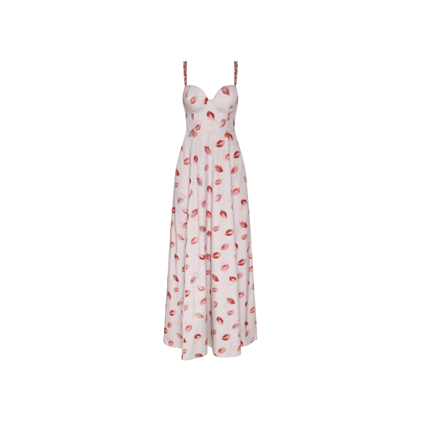 The Sutton Maxi Dress is a long, sleeveless white dress with thin beaded straps and a sweetheart neckline, featuring an all-over red lipstick-kiss print pattern—perfect for a date night.