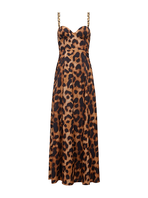 The Sutton Beaded Strap Maxi Dress by L'AGENCE features a sleeveless leopard print design with thin beaded straps, a sweetheart neckline, and bold brown and black patterns for a striking look.