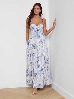 Sutton Maxi Dress in Ivory/Blue Watercolor Lace Paisley | L'AGENCE Sutton Maxi Dress in Ivory/Blue Watercolor Lace Paisley | L'AGENCE