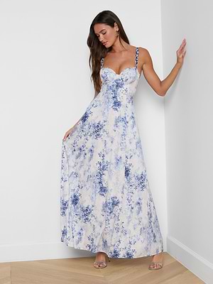 Sutton Maxi Dress in Ivory/Blue Watercolor Lace Paisley | L'AGENCE Sutton Maxi Dress in Ivory/Blue Watercolor Lace Paisley | L'AGENCE