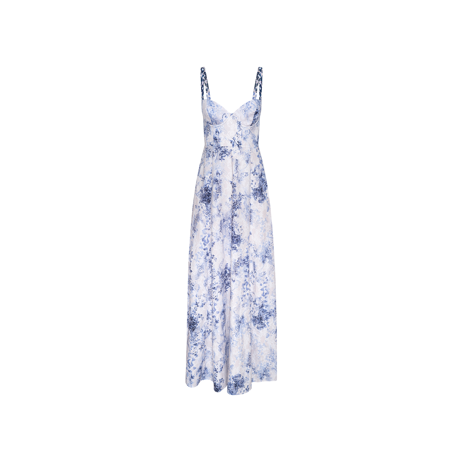 The Sutton Maxi Dress is a sleeveless, long blue and white floral dress with thin beaded straps, a fitted bodice, and a flared skirt, displayed on a plain white background.