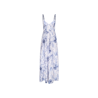 The Sutton Maxi Dress is a sleeveless, long blue and white floral dress with thin beaded straps, a fitted bodice, and a flared skirt, displayed on a plain white background.