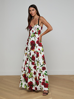 white and rose dress L'AGENCE Sutton Maxi Dress in White/Red Romantic Rose