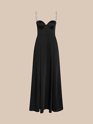 The Sutton Maxi Dress is a long black satin evening gown featuring a fitted bodice, sweetheart neckline, and simulated pearl straps, displayed on a plain beige background.