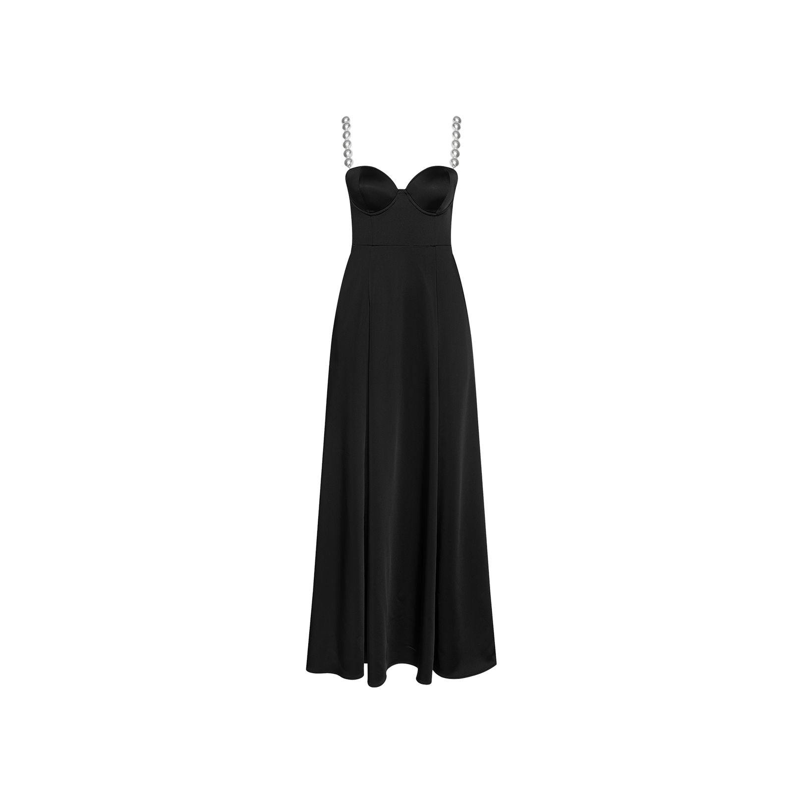 The Sutton Maxi Dress is a long black satin gown featuring a fitted bodice, sweetheart neckline, and decorative chain straps, shown against a plain white background.