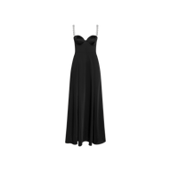 The Sutton Maxi Dress is a long black satin evening gown featuring a fitted bodice, sweetheart neckline, and thin straps embellished with decorative rings, showcased against a plain white background.