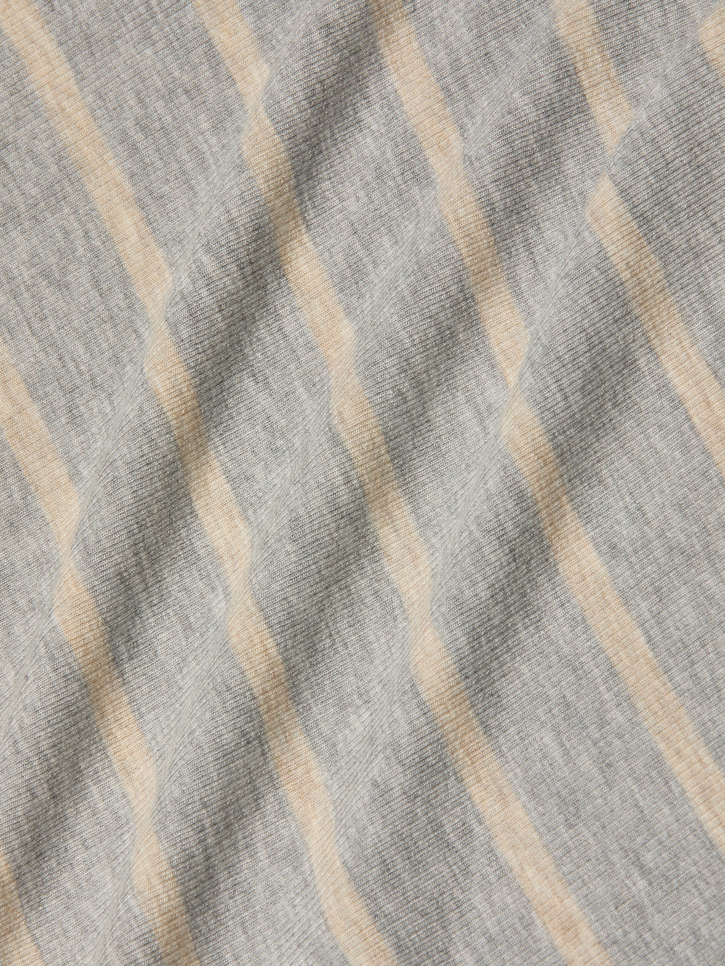 A close-up of the Ellis Tank Dress in gray stretch rib fabric with soft beige horizontal stripes, highlighting its slightly wrinkled, textured surface—perfect for a comfy, casual style.