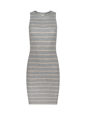 The Ellis Tank Dress is a sleeveless, fitted stretch rib dress with a crew neckline and horizontal light gray and beige stripes, offering comfort and style in a casual knee-length design.